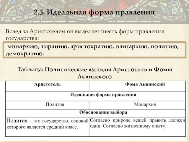 Вслед за Аристотелем он выделяет шесть форм правления государства: монархию, тиранию, аристократию,