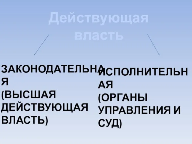 Действующая власть ЗАКОНОДАТЕЛЬНАЯ (ВЫСШАЯ ДЕЙСТВУЮЩАЯ ВЛАСТЬ) ИСПОЛНИТЕЛЬНАЯ (ОРГАНЫ УПРАВЛЕНИЯ И СУД)