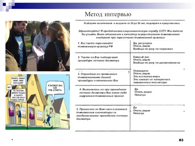 * * * * Метод интервью Здравствуйте! Я представляю социологическую службу СЗТУ.