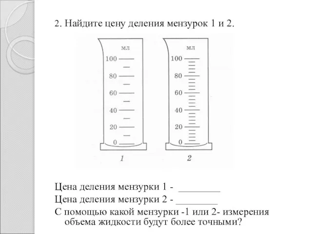 2. Найдите цену деления мензурок 1 и 2. Цена деления мензурки 1