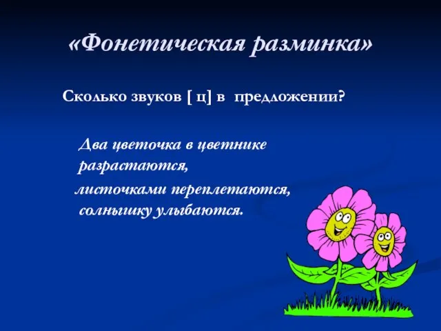 «Фонетическая разминка» Сколько звуков [ ц] в предложении? Два цветочка в цветнике