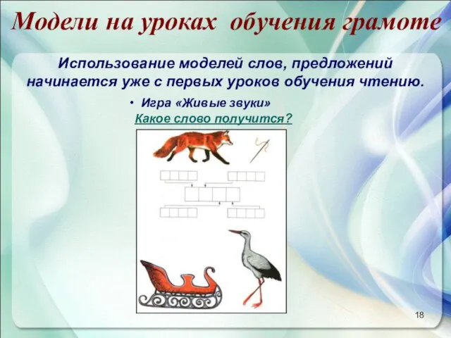 Модели на уроках обучения грамоте Использование моделей слов, предложений начинается уже с