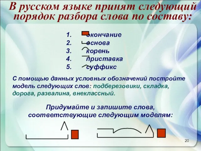 1. окончание 2. основа 3. корень 4. приставка 5. суффикс В русском