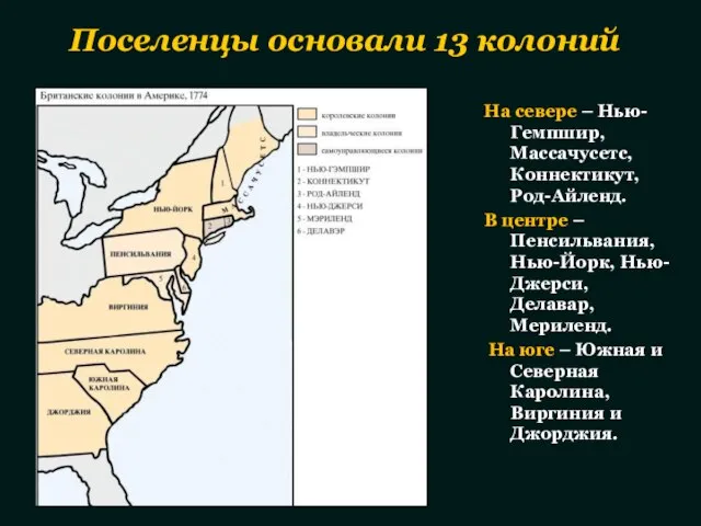 Поселенцы основали 13 колоний На севере – Нью-Гемпшир, Массачусетс, Коннектикут, Род-Айленд. В