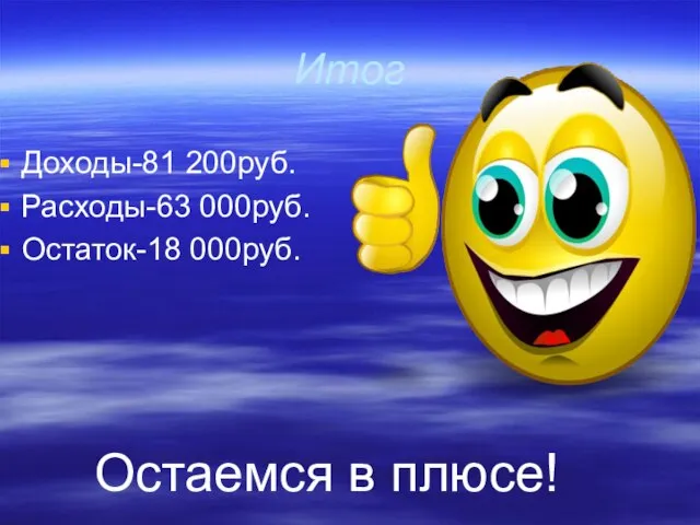 Итог Доходы-81 200руб. Расходы-63 000руб. Остаток-18 000руб. Остаемся в плюсе!