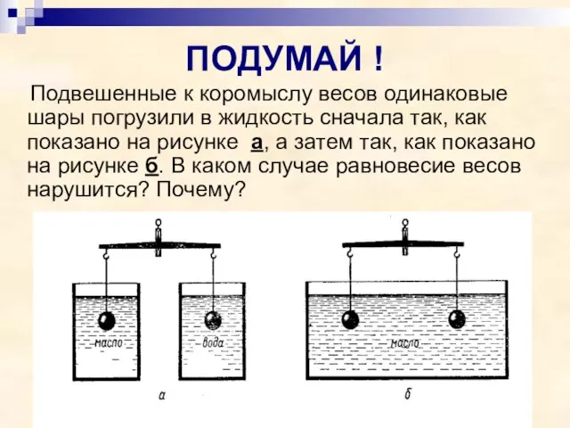 ПОДУМАЙ ! Подвешенные к коромыслу весов одинаковые шары погрузили в жидкость сначала