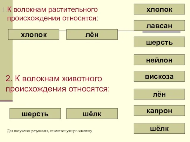 К волокнам растительного происхождения относятся: хлопок лён вискоза шерсть шёлк лавсан капрон