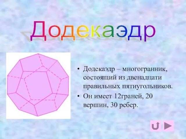 додекаэдр Додекаэдр – многогранник, состоящий из двенадцати правильных пятиугольников. Он имеет 12граней,