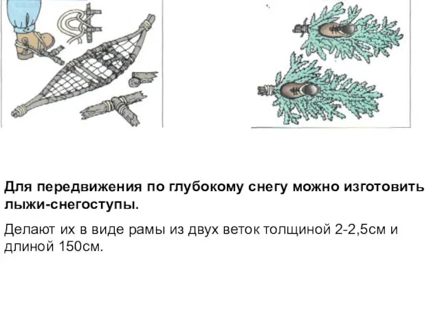 Для передвижения по глубокому снегу можно изготовить лыжи-снегоступы. Делают их в виде