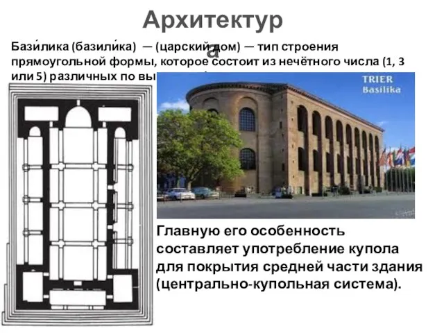 Архитектура Бази́лика (базили́ка) — (царский дом) — тип строения прямоугольной формы, которое