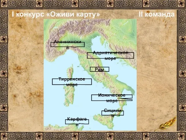 I конкурс «Оживи карту» II команда Апеннинский Сицилия Карфаген Рим Тирренское море Ионическое море Адриатическое море