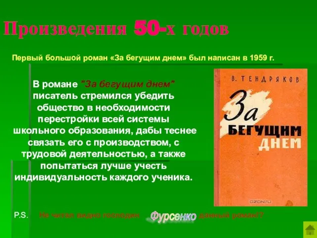 Произведения 50-х годов Первый большой роман «За бегущим днем» был написан в