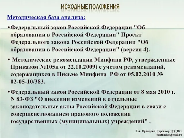 Методическая база анализа: Федеральный закон Российской Федерации "Об образовании в Российской Федерации"