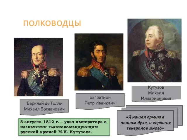 Кутузов Михаил Илларионович Барклай де Толли Михаил Богданович Багратион Петр Иванович «Я