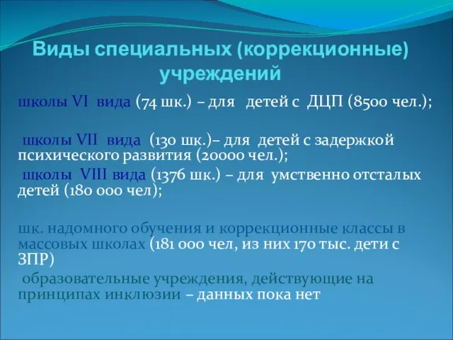 Виды специальных (коррекционные) учреждений школы VI вида (74 шк.) – для детей