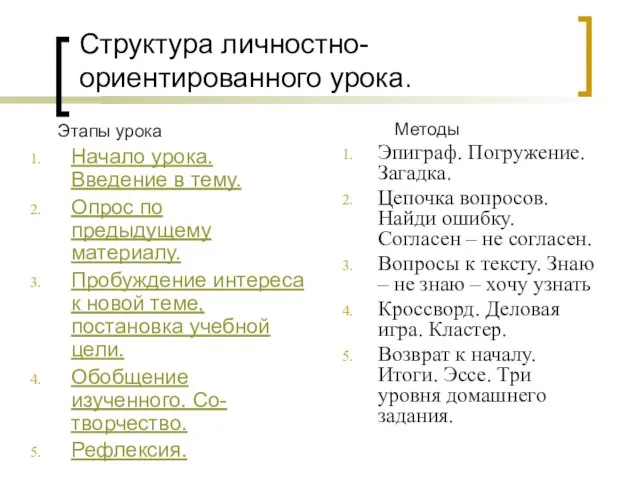 Структура личностно-ориентированного урока. Этапы урока Начало урока. Введение в тему. Опрос по