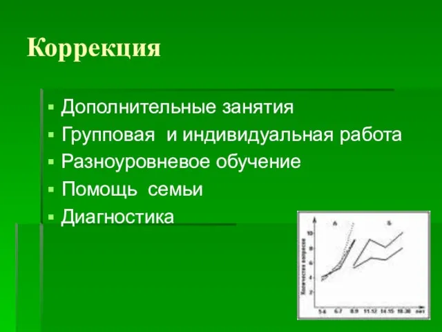 Коррекция Дополнительные занятия Групповая и индивидуальная работа Разноуровневое обучение Помощь семьи Диагностика