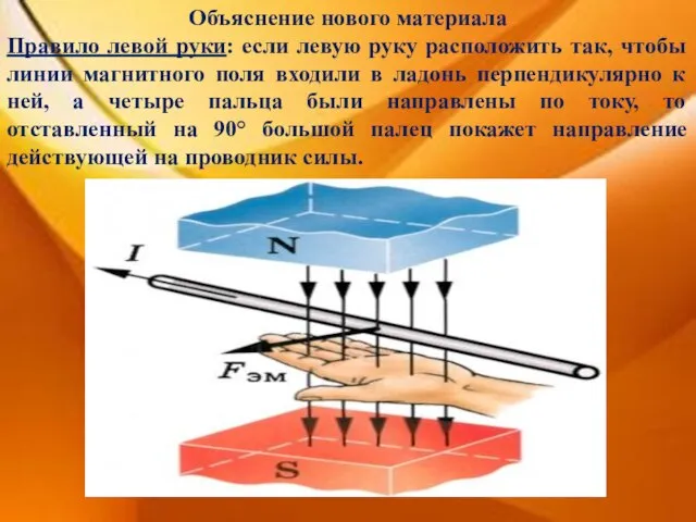 Объяснение нового материала Правило левой руки: если левую руку расположить так, чтобы