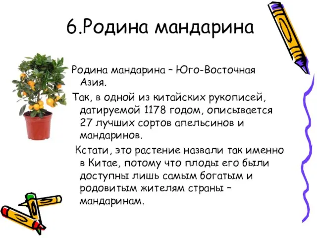 6.Родина мандарина Родина мандарина – Юго-Восточная Азия. Так, в одной из китайских