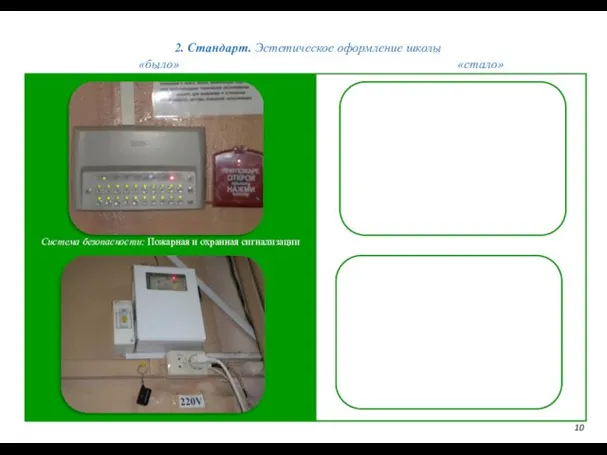 2. Стандарт. Эстетическое оформление школы 10 «было» «стало» Система безопасности: Пожарная и охранная сигнализации