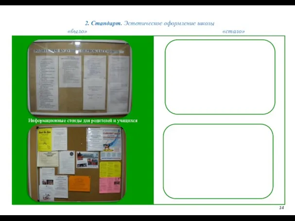 2. Стандарт. Эстетическое оформление школы 14 «было» «стало» Информационные стенды для родителей и учащихся