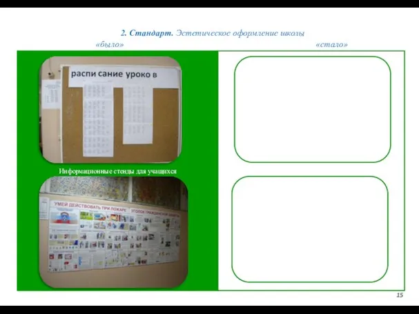 2. Стандарт. Эстетическое оформление школы 15 «было» «стало» Информационные стенды для учащихся