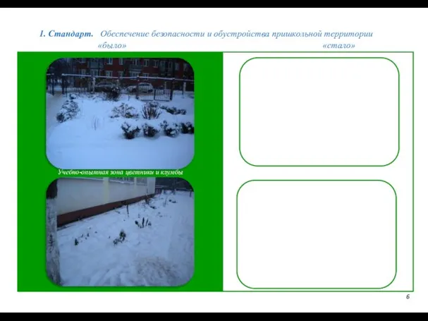 1. Стандарт. Обеспечение безопасности и обустройства пришкольной территории 6 «было» «стало» Учебно-опытная зона цветники и клумбы