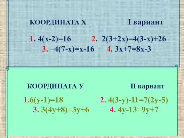 КООРДИНАТА У II вариант 1.6(у-1)=18 2. 4(3-у)-11=7(2у-5) 3. 3(4у+8)=3у+6 4. 4у-13=9у+7 КООРДИНАТА