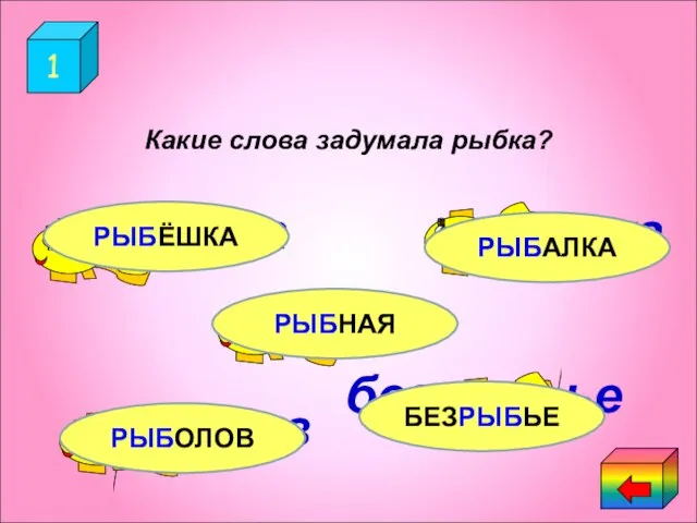 Веселая грамматика 1 Какие слова задумала рыбка? РЫБЁШКА РЫБАЛКА РЫБНАЯ РЫБОЛОВ БЕЗРЫБЬЕ