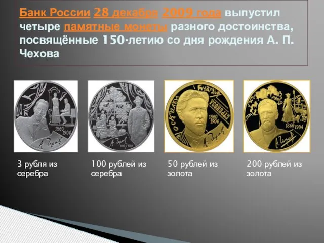 Банк России 28 декабря 2009 года выпустил четыре памятные монеты разного достоинства,