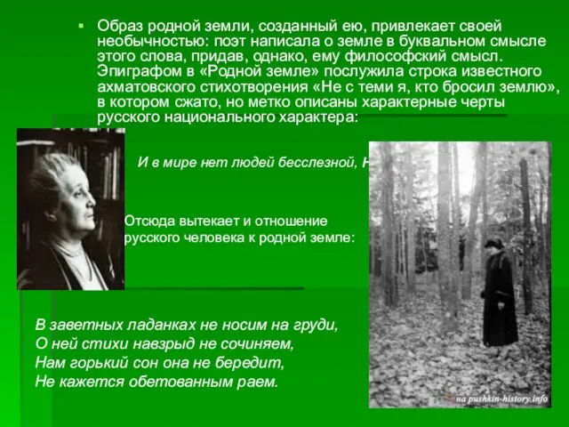 Образ родной земли, созданный ею, привлекает своей необычностью: поэт написала о земле