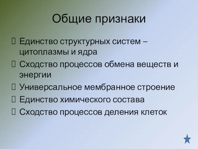 Общие признаки Единство структурных систем –цитоплазмы и ядра Сходство процессов обмена веществ