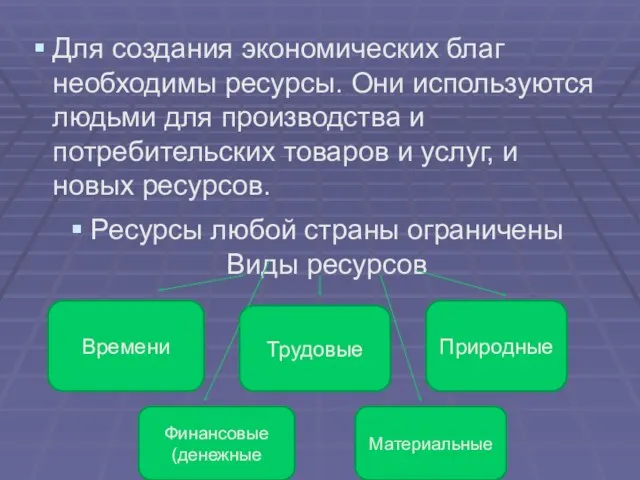 Для создания экономических благ необходимы ресурсы. Они используются людьми для производства и