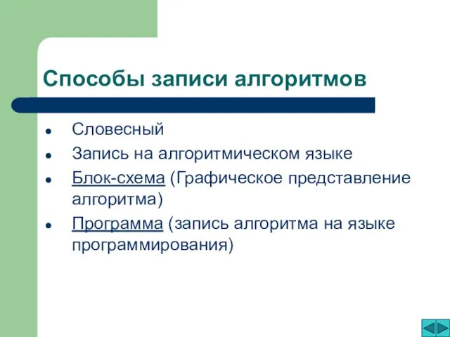 Способы записи алгоритмов Словесный Запись на алгоритмическом языке Блок-схема (Графическое представление алгоритма)