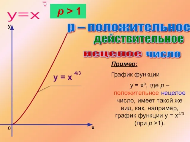 p – положительное действительное нецелое число Пример: График функции y = xр,