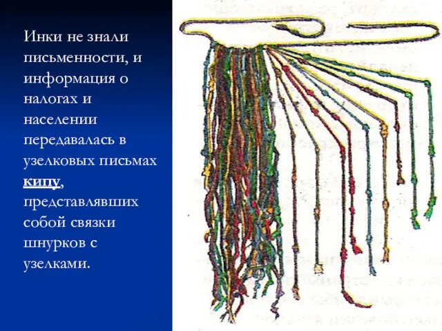 Инки не знали письменности, и информация о налогах и населении передавалась в