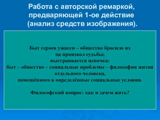 Работа с авторской ремаркой, предваряющей 1-ое действие (анализ средств изображения). Задание: 1.