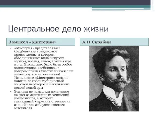 Центральное дело жизни Замысел «Мистерии» А.Н.Скрябин «Мистерия» представлялась Скрябину как грандиозное произведение,