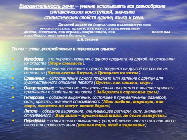 Выразительность речи – умение использовать все разнообразие синтаксических конструкций, значение стилистических свойств