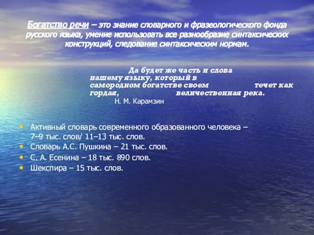 Богатство речи – это знание словарного и фразеологического фонда русского языка, умение