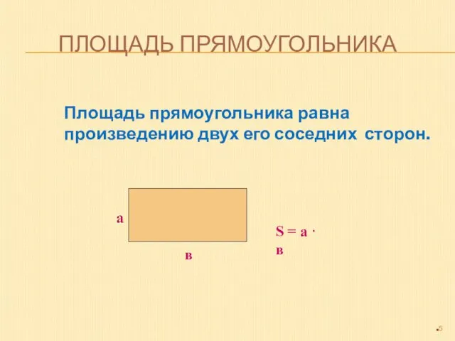 ПЛОЩАДЬ ПРЯМОУГОЛЬНИКА Площадь прямоугольника равна произведению двух его соседних сторон. в S = а · в