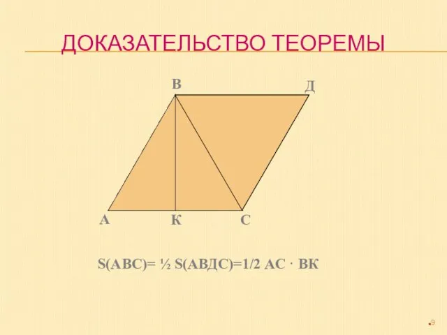 ДОКАЗАТЕЛЬСТВО ТЕОРЕМЫ А В Д С К S(АВС)= ½ S(АВДС)=1/2 АС · ВК