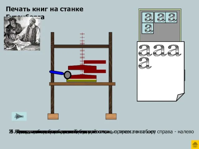 1. Литеры укладывали в специальный ящик, причем текст шел справа - налево