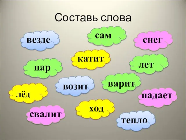 Составь слова сам снег лет катит свалит пар возит падает тепло везде ход лёд варит