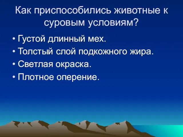 Как приспособились животные к суровым условиям? Густой длинный мех. Толстый слой подкожного