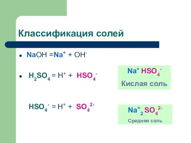 Классификация солей NaOH =Na+ + OH- H2SO4 = H+ + HSO4- HSO4-