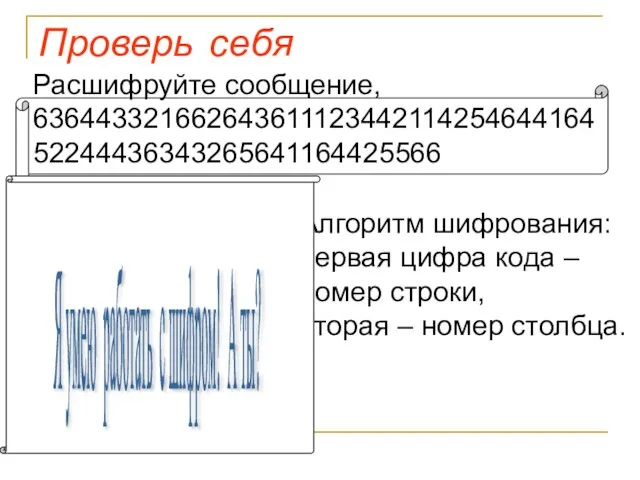 Проверь себя Алгоритм шифрования: первая цифра кода – номер строки, вторая – номер столбца.