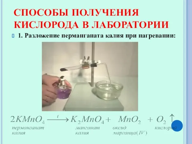 СПОСОБЫ ПОЛУЧЕНИЯ КИСЛОРОДА В ЛАБОРАТОРИИ 1. Разложение перманганата калия при нагревании: