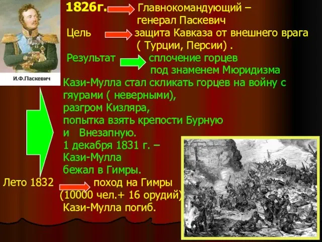1826г. Главнокомандующий – генерал Паскевич Цель защита Кавказа от внешнего врага (
