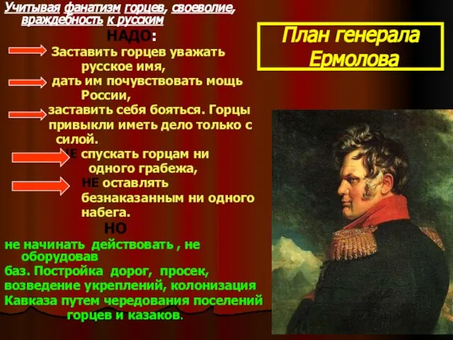 Учитывая фанатизм горцев, своеволие, враждебность к русским НАДО: Заставить горцев уважать русское